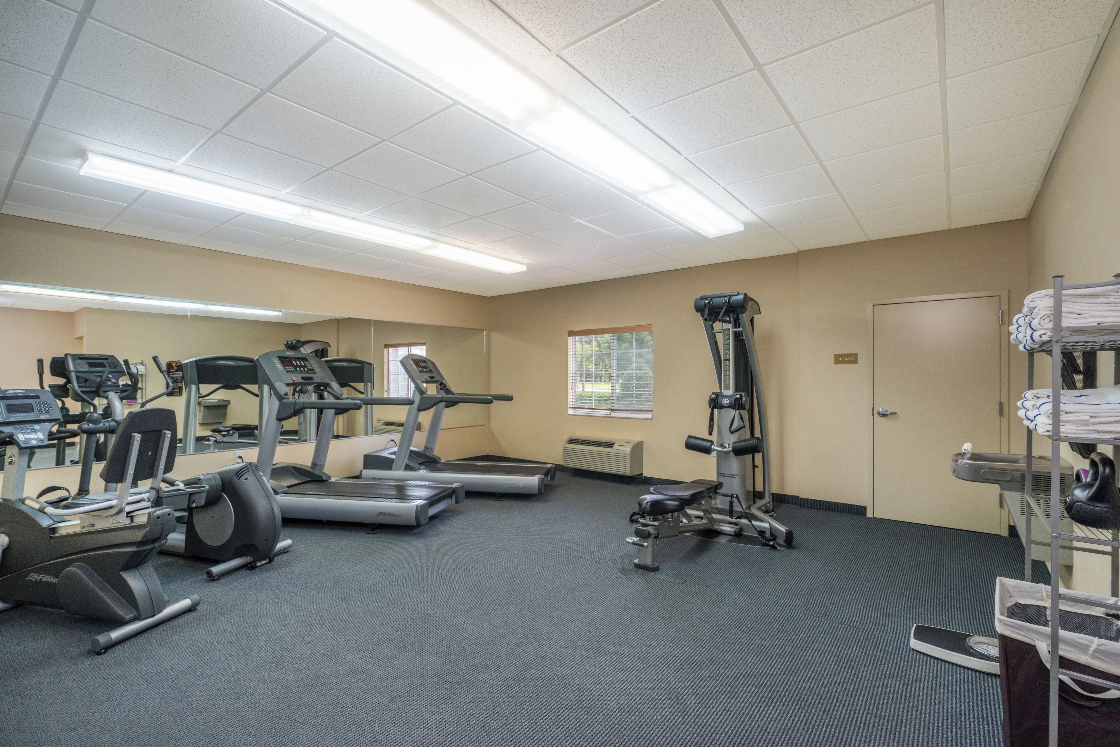 A gym with treadmills, a weight bench, and a mirror.