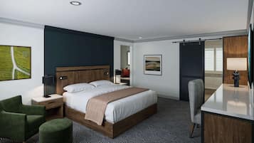 A modern hotel room with a large bed, a green armchair, a desk with a lamp, and a view of the outdoors.