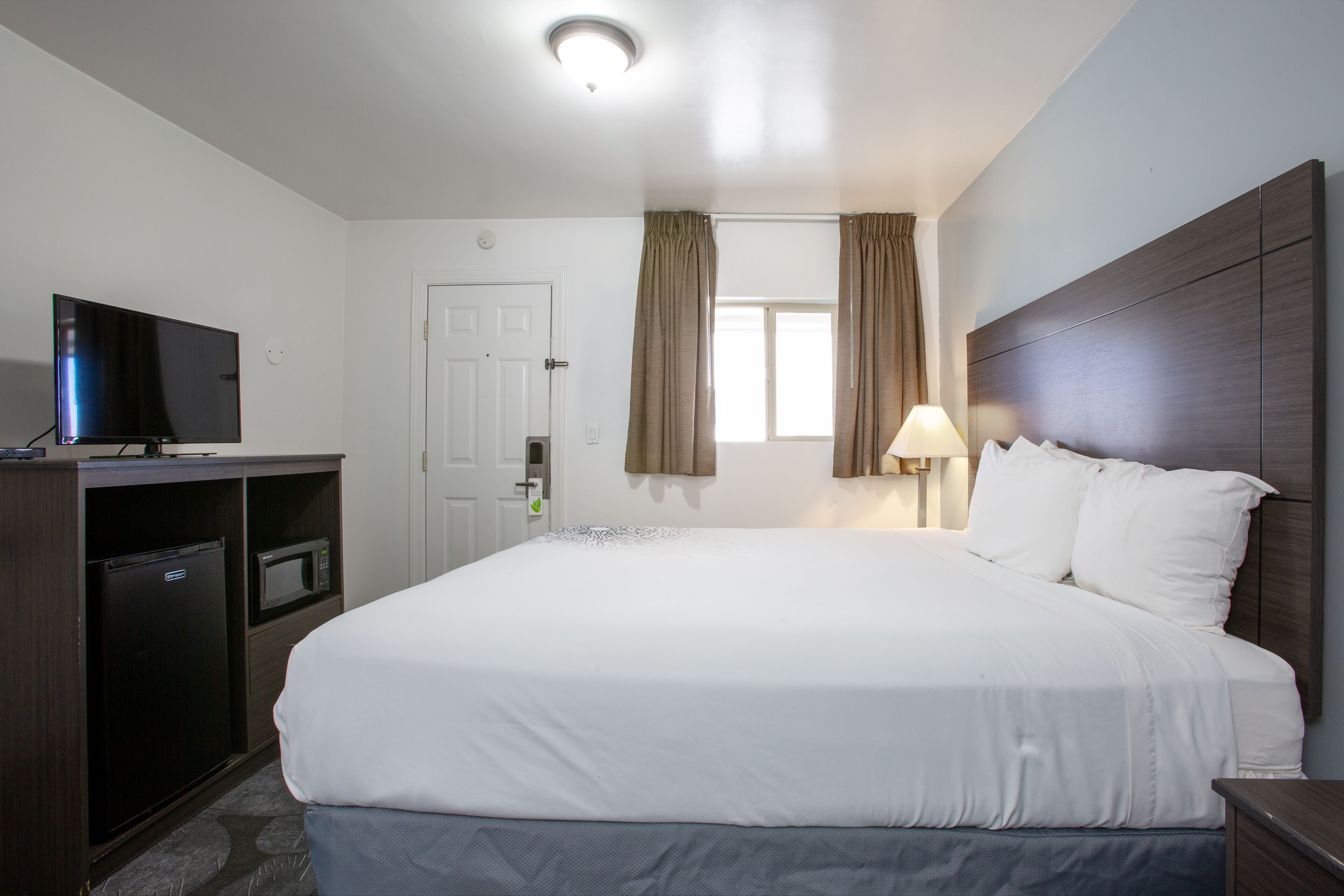 A hotel room with a large bed, a television, a microwave, and a door.