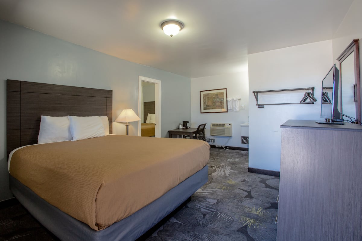Habitación de hotel con una cama grande, un escritorio, una silla, una lámpara de escritorio, un espejo y un televisor.