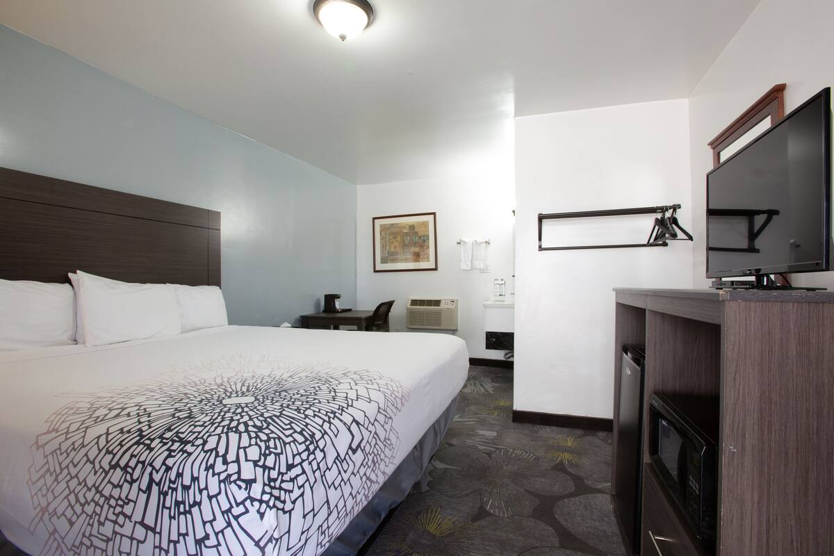 Una habitación de hotel con una cama grande, un escritorio, una silla, un televisor y un microondas.