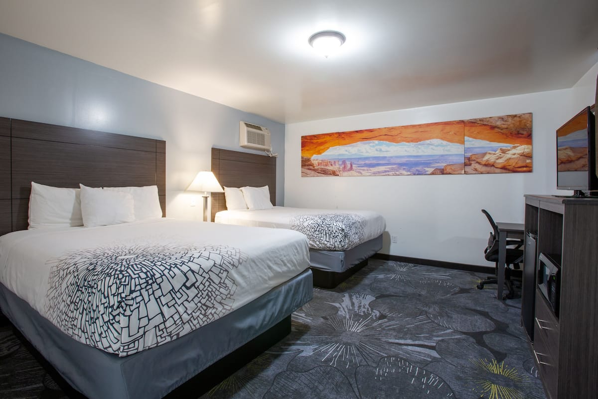Habitación de hotel con dos camas, un escritorio, una silla, un televisor y un cuadro en la pared.