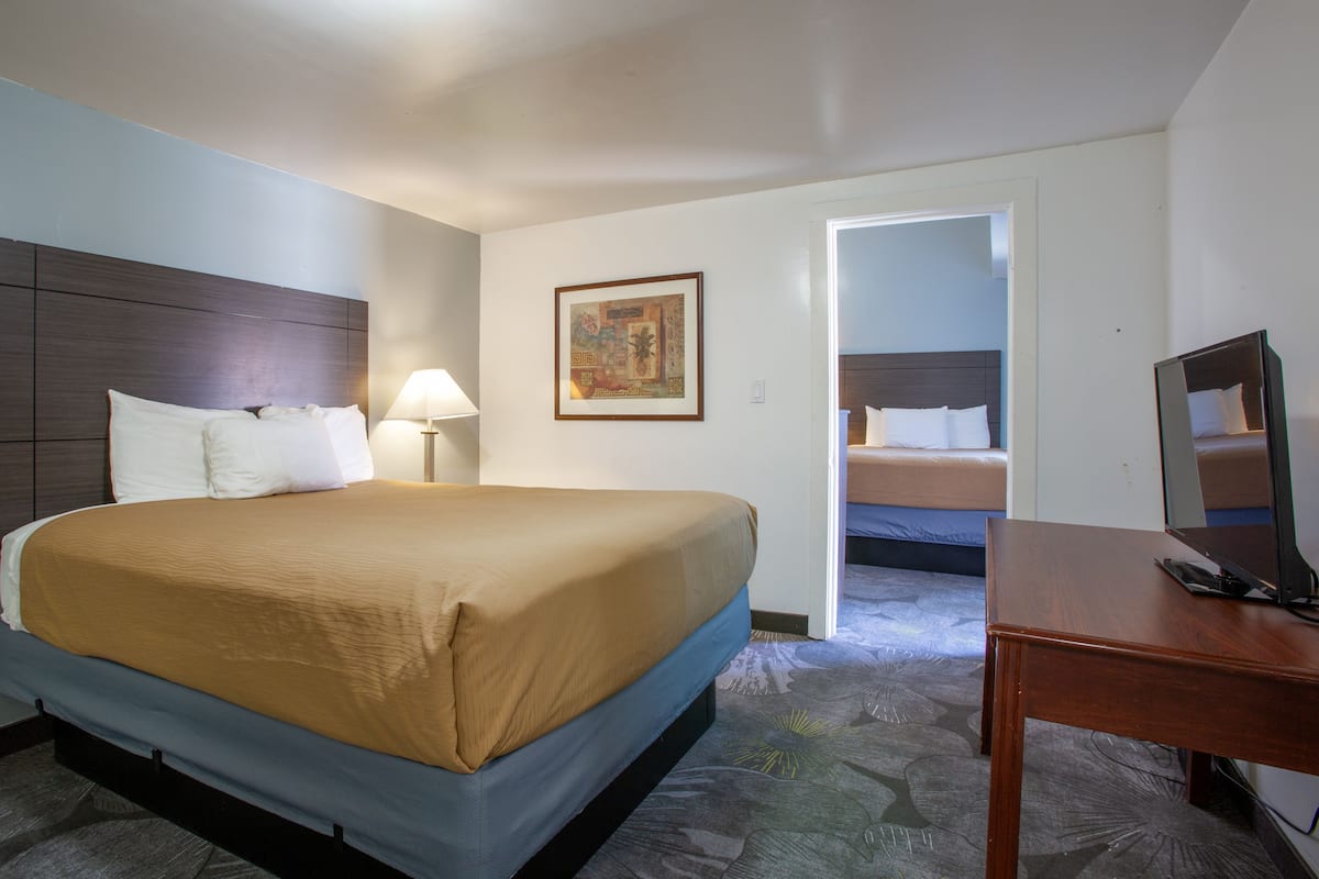 Habitación de hotel con una cama grande, un escritorio, una lámpara y un cuadro en la pared.