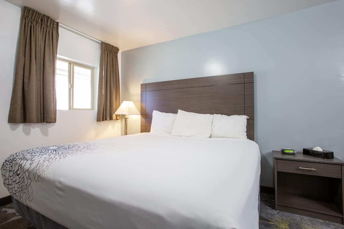 Una habitación de hotel con una cama grande, una mesita de noche con lámpara y una ventana con cortinas.