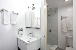 Shower, free toiletries, hair dryer, towels