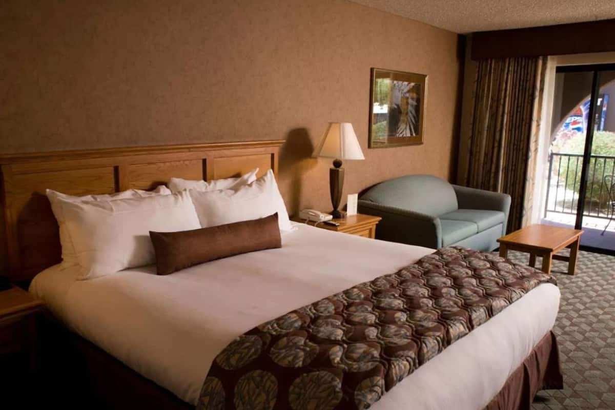 A hotel room with a large bed, a chair, a small table, a lamp, and a view of the outdoors.
