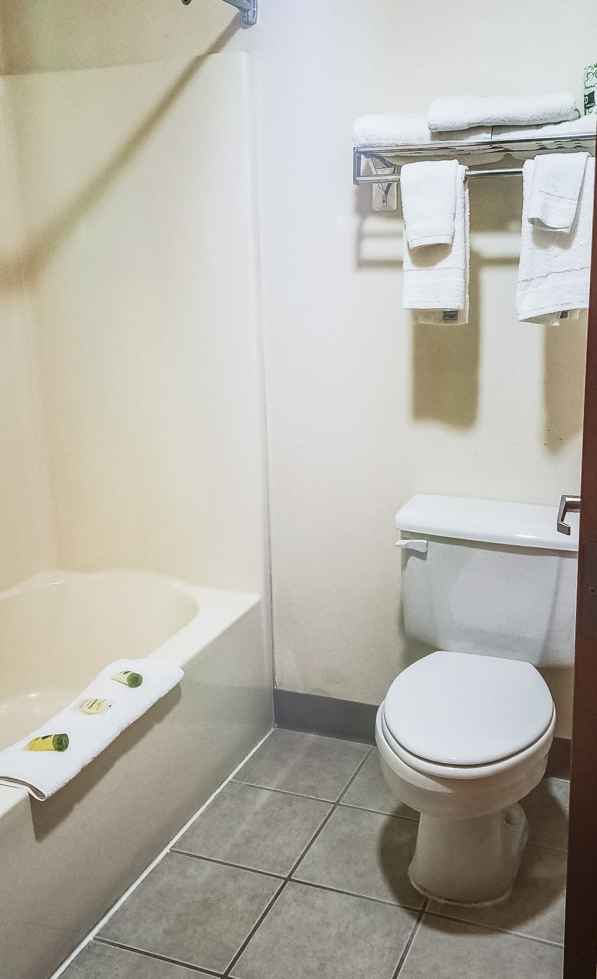 A small bathroom with a toilet, a bathtub, and a towel rack.