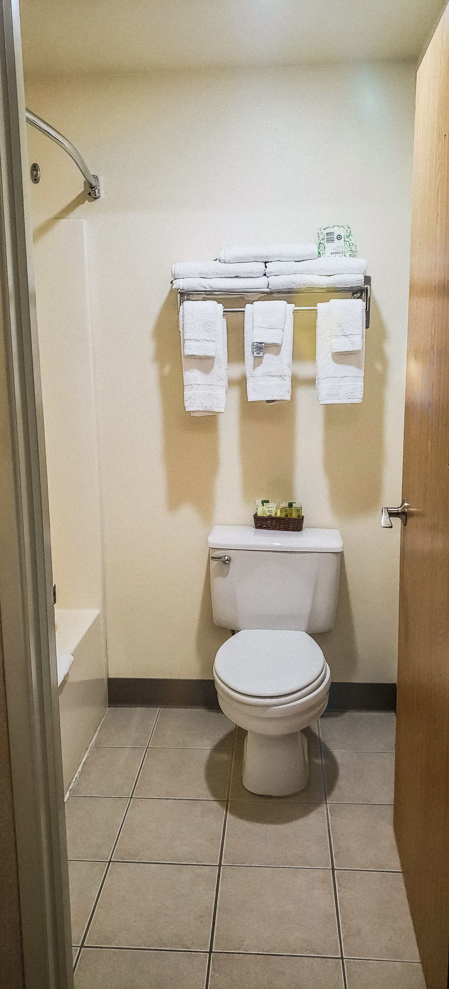 Un baño pequeño con inodoro, repisas con toallas dobladas y un cesto de artículos de aseo.