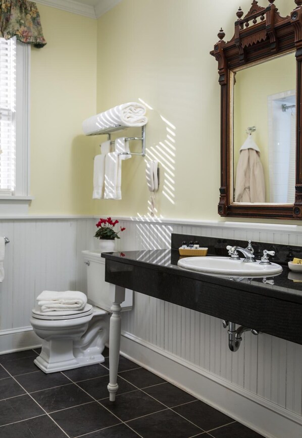 A bathroom with a white toilet, a black sink, and a mirror with an ornate frame. - Saratoga Arms (Saratoga Springs)