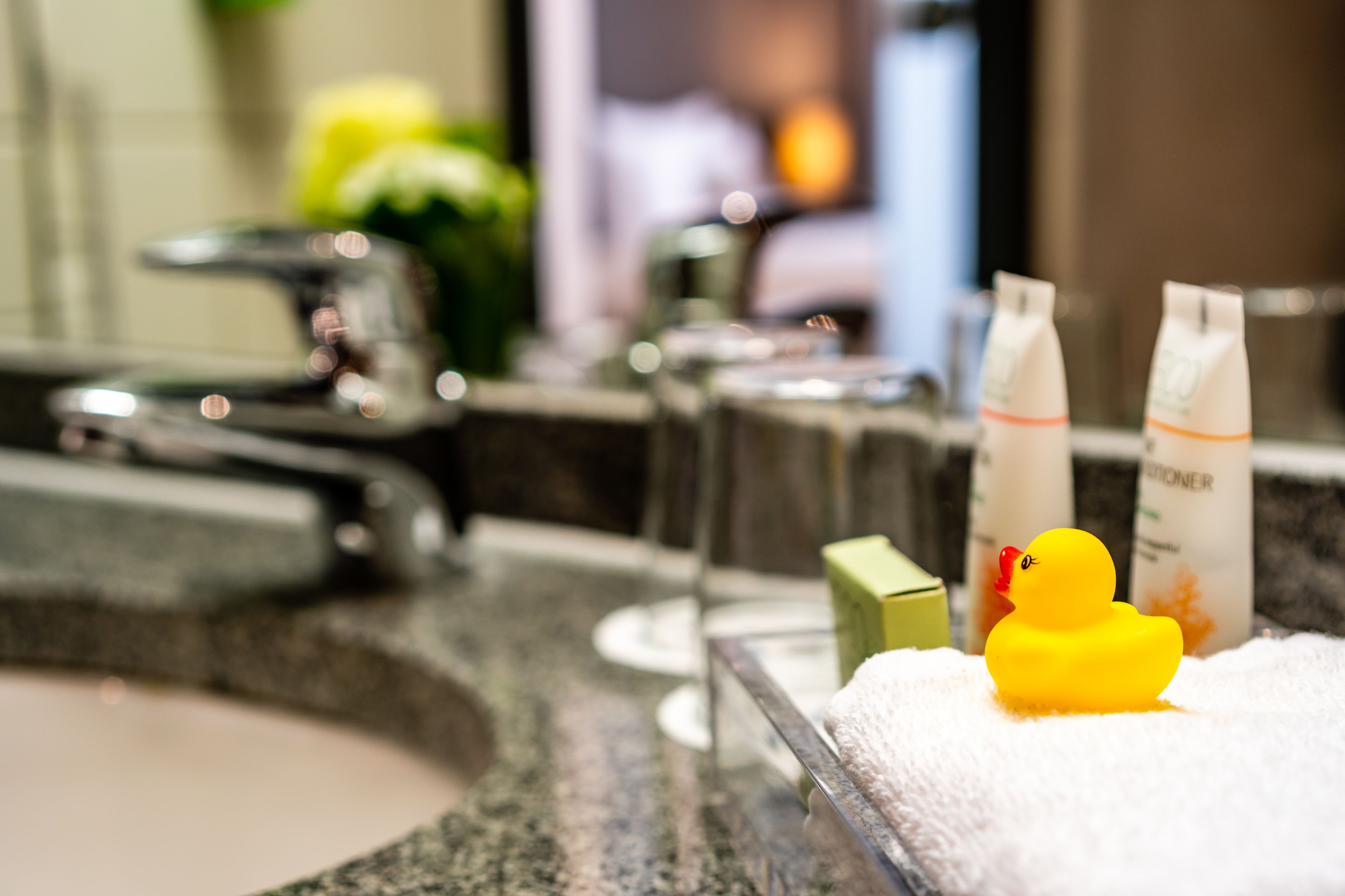 separate bathtub and shower, free toiletries, hair dryer, towels