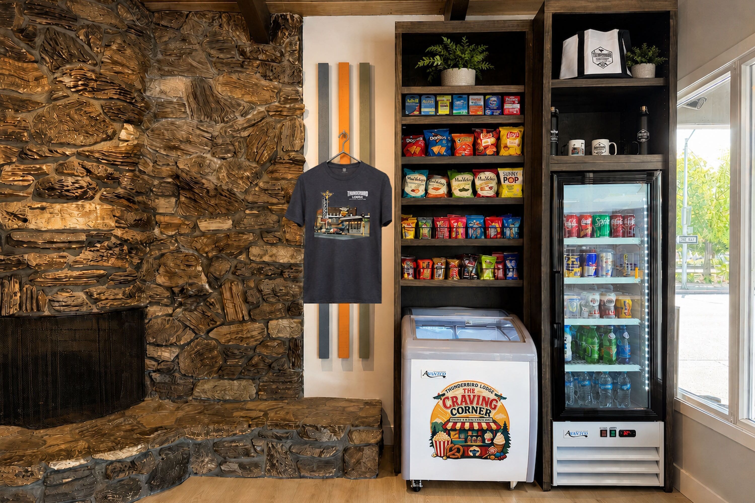 Un mur de pierres, un t-shirt suspendu, des étagères remplies d’en-cas et un distributeur automatique de boissons.