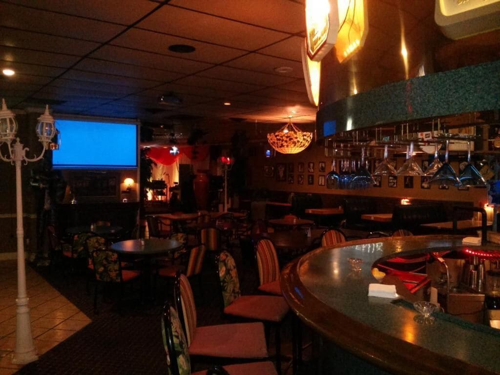 Een bar met tafels, stoelen en een toonbank.