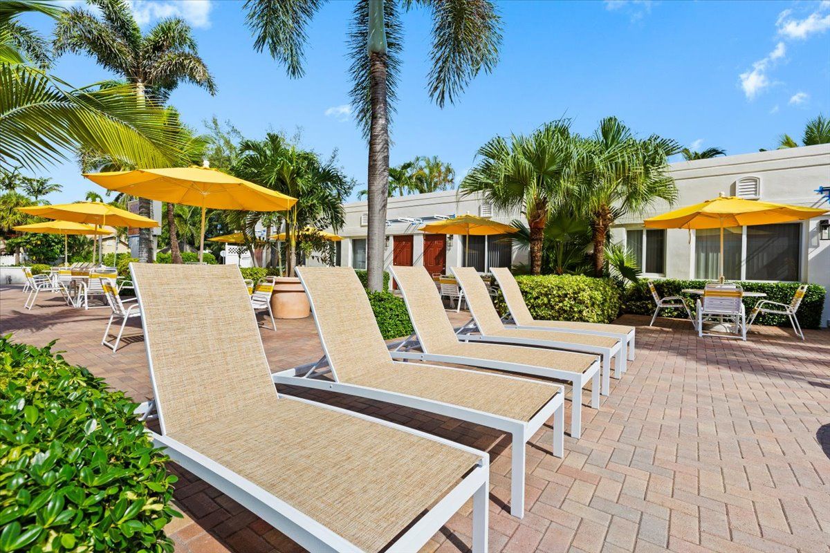 Un espace aménagé au bord de la piscine, avec des chaises longues et des parasols, entouré de palmiers et bordé d’un bâtiment à la façade de couleur claire.