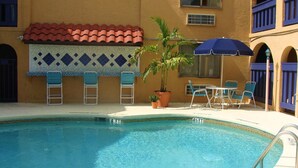 Una piscina con borde de azulejos, una palmera y mobiliario exterior con sombrillas.