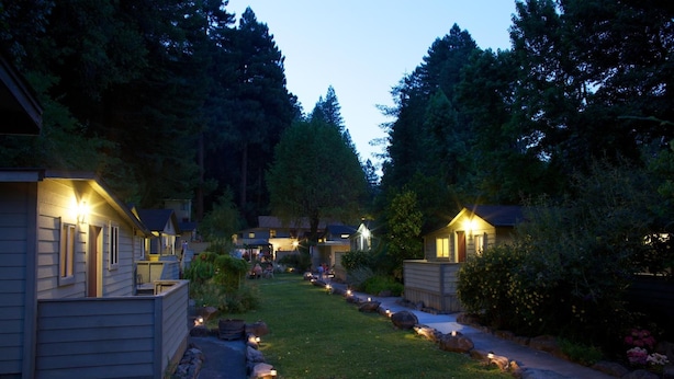 Une rangée de cabanes dotées d’espaces extérieurs aménagés pour s’asseoir, entourées d’un jardin bien entretenu et bordées par une forêt.