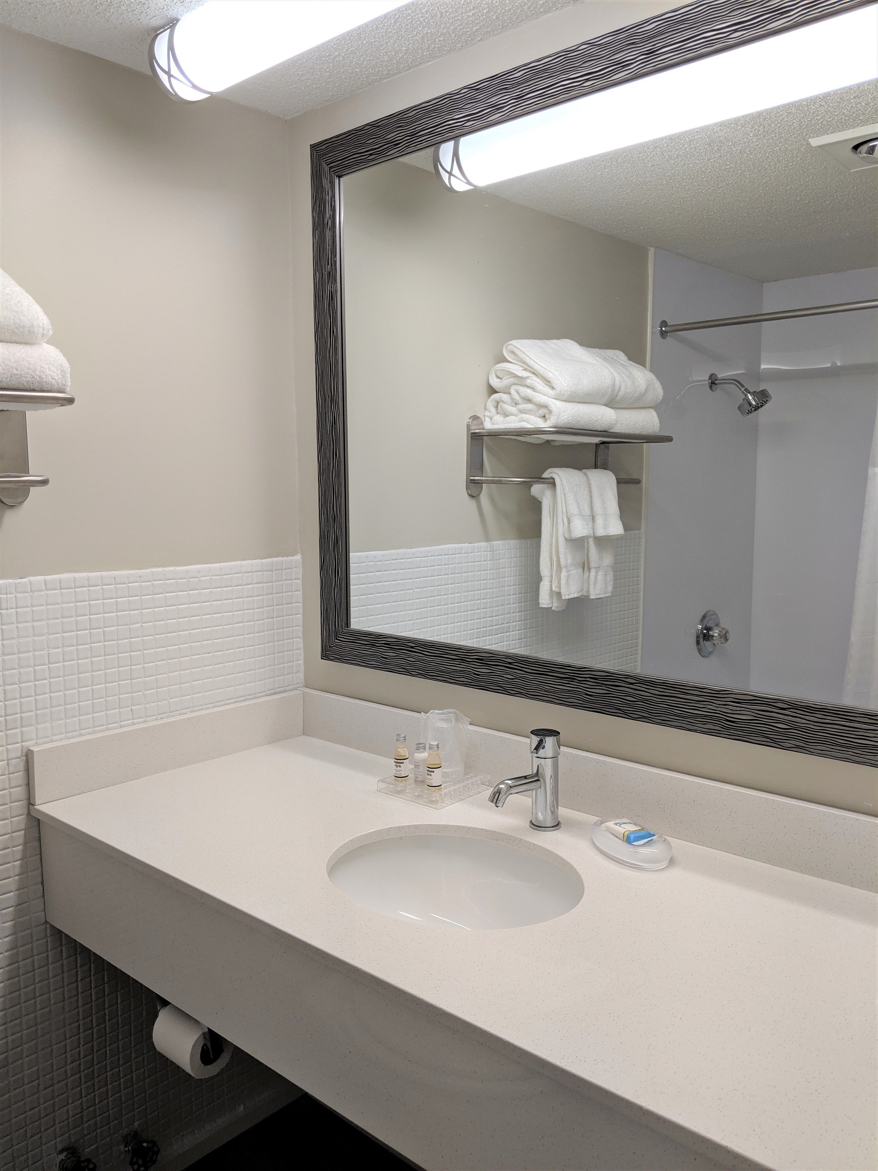 combined shower/bathtub, free toiletries, hair dryer, towels