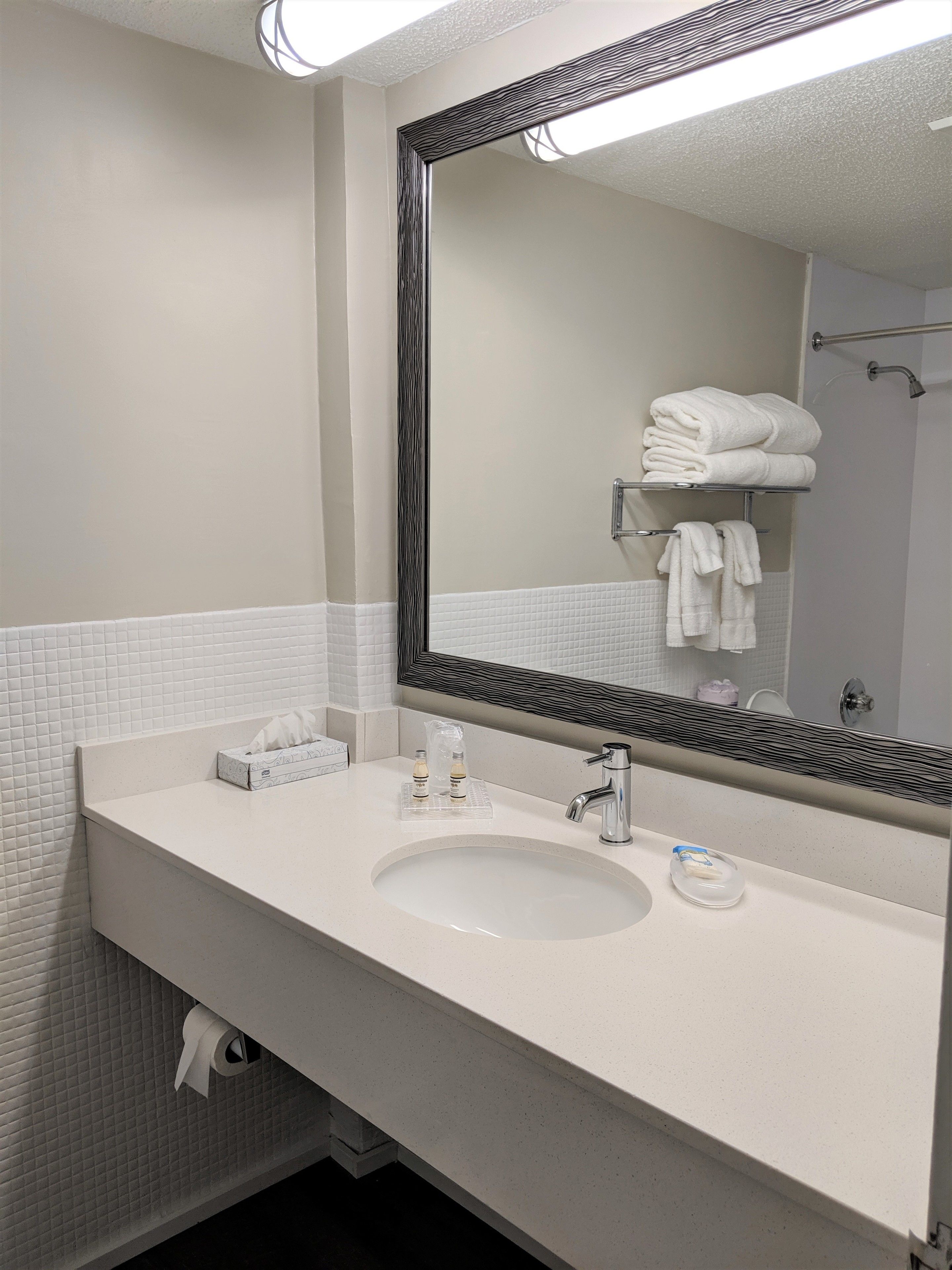 combined shower/bathtub, free toiletries, hair dryer, towels