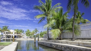 A waterfront property with a swimming pool, palm trees, and a white fence.