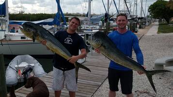 Two people holding large fish on a dock with boats in the background.