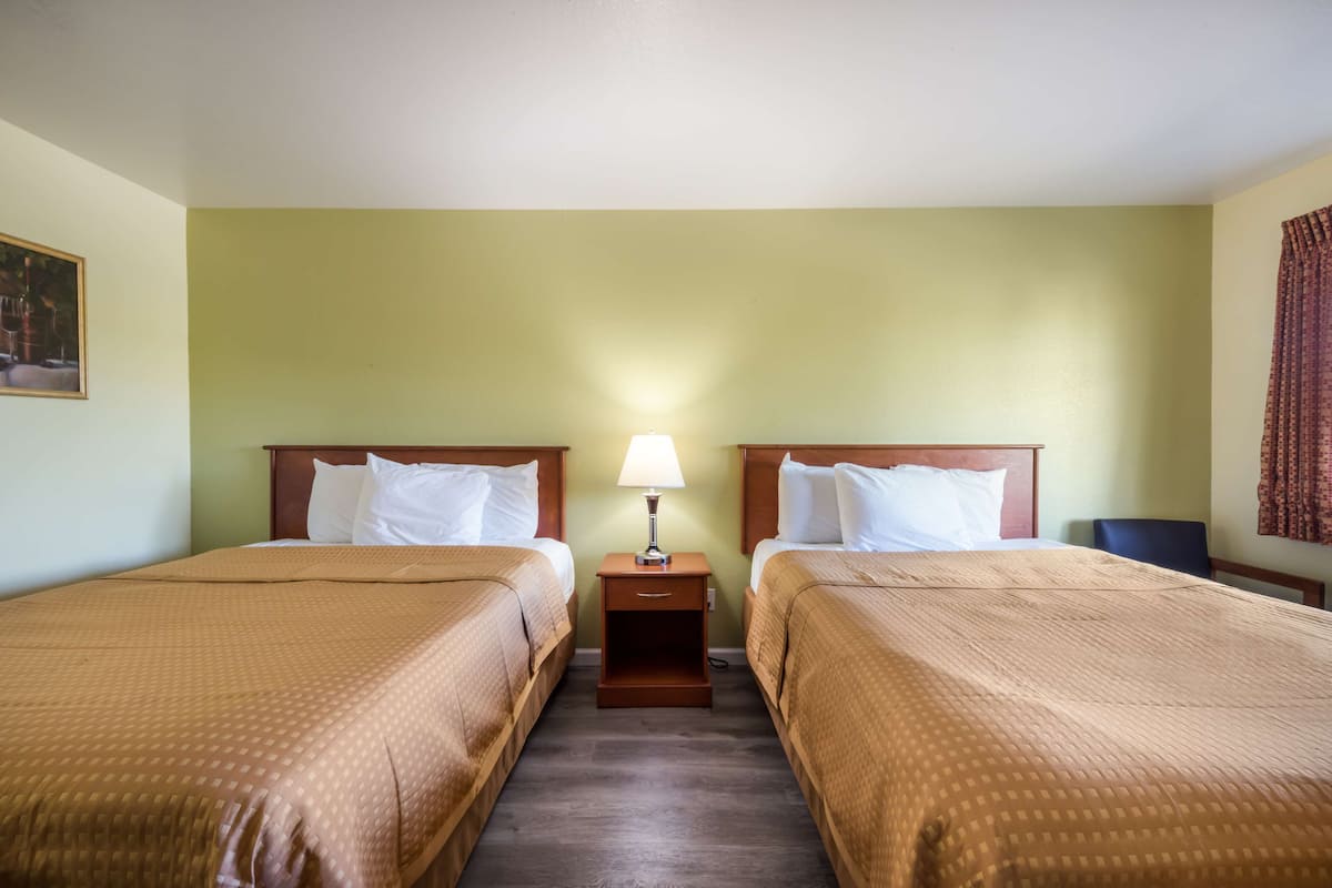 A hotel room with two beds, a nightstand with a lamp, and a chair.