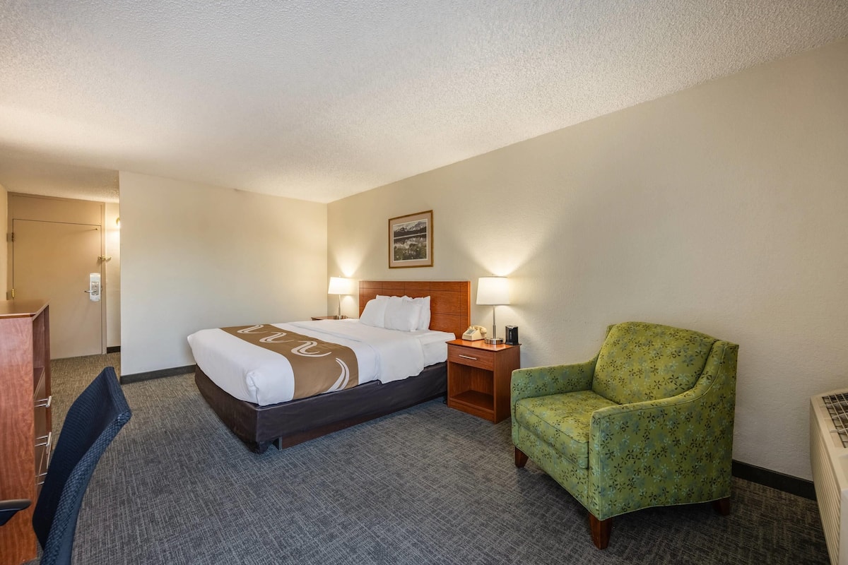 A hotel room with a bed, a green armchair, a desk with a chair, and a nightstand with a lamp.