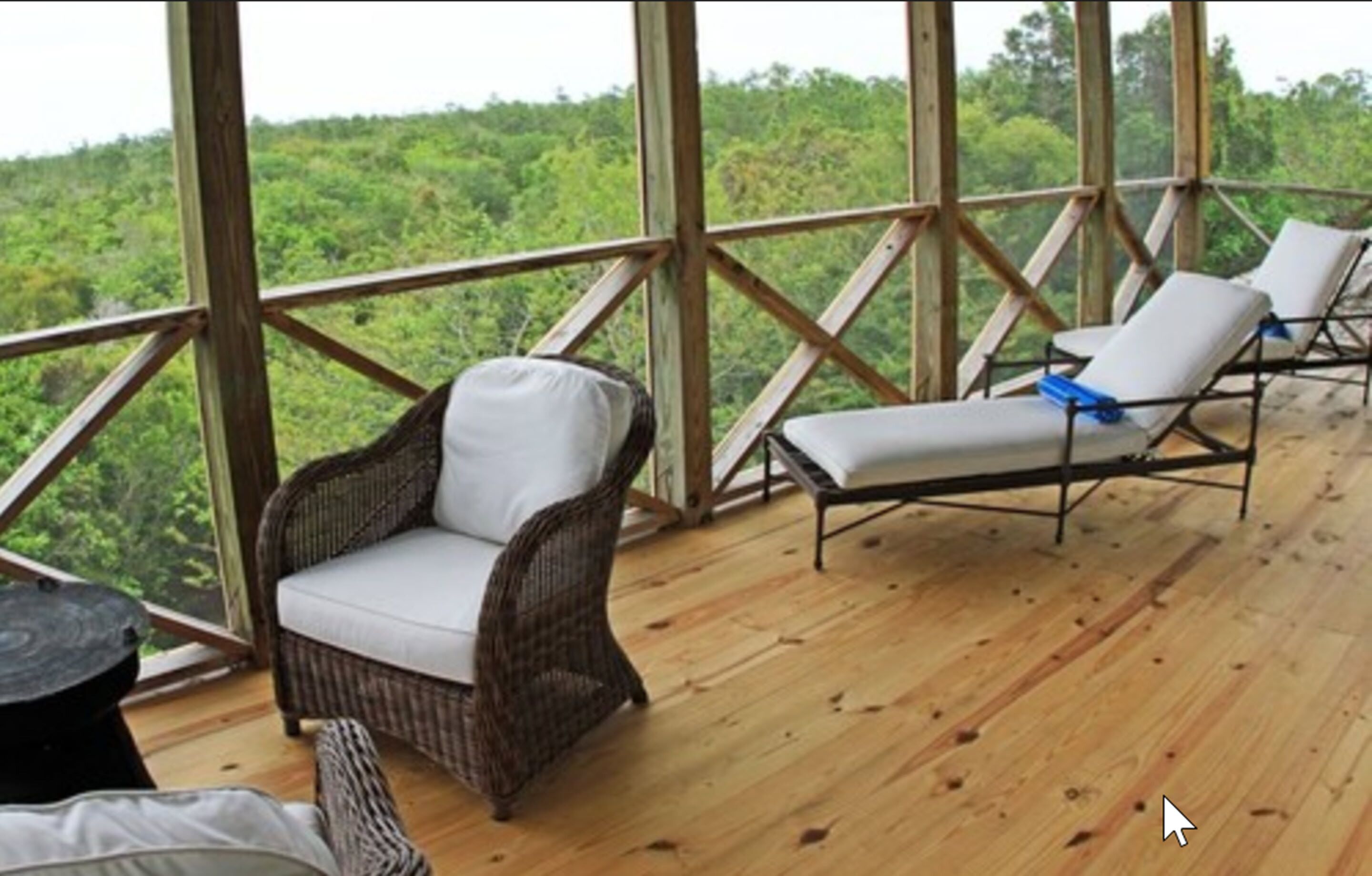 Een houten terras met rieten stoelen en lounge fauteuils, met uitzicht op een bebost gebied.