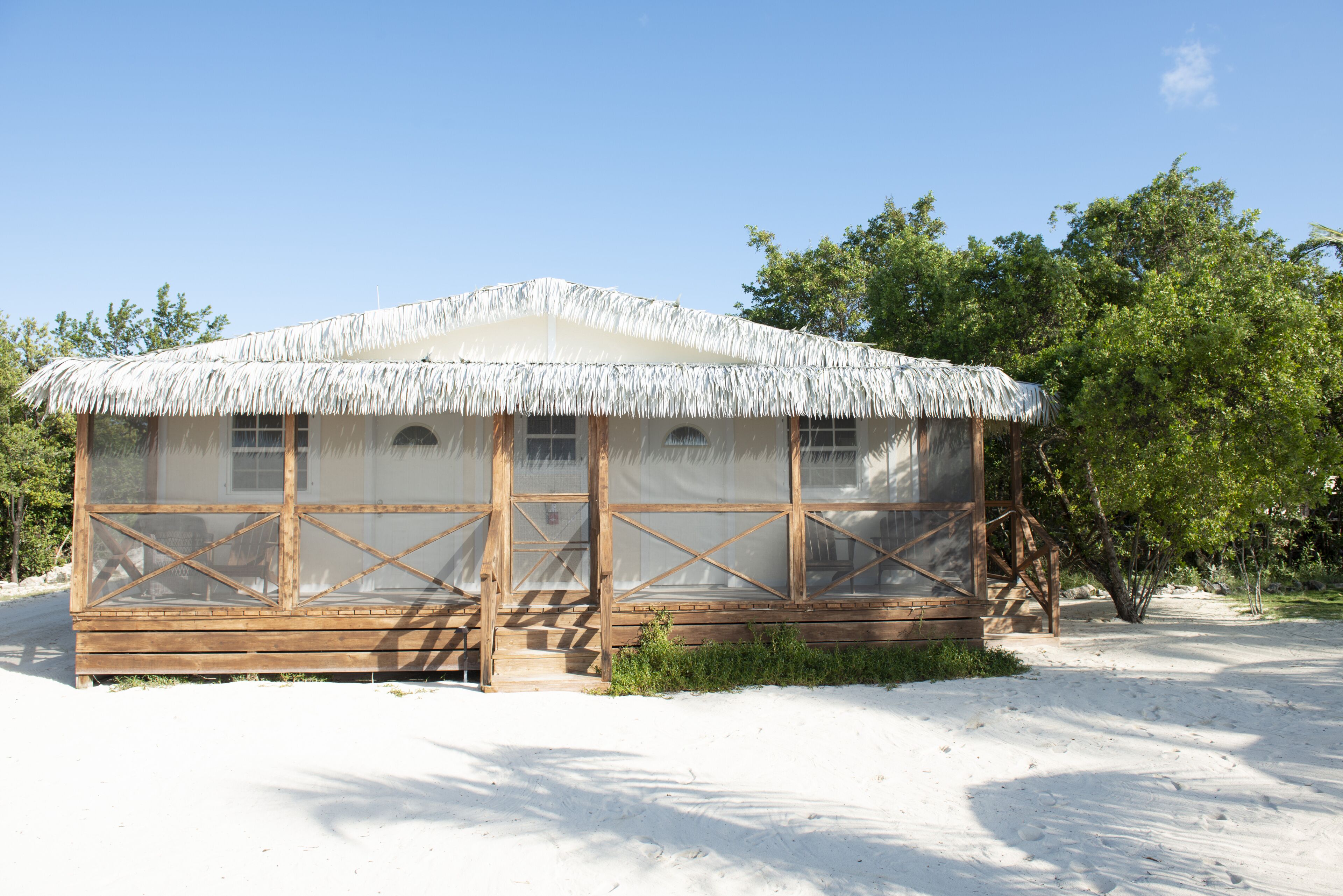 Una estructura de madera con techo de paja y ventanas grandes, rodeada de arena y árboles.