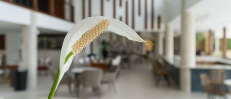 Een modern interieur met de nadruk op een witte bloem op de voorgrond.