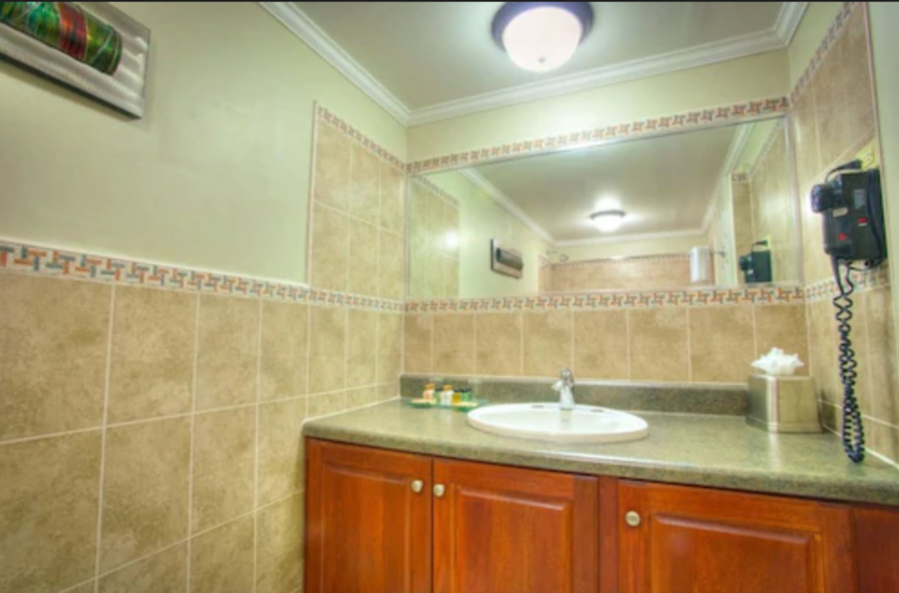Une salle de bain équipée d’un lavabo, d’un miroir et d’un sèche-cheveux fixé au mur.