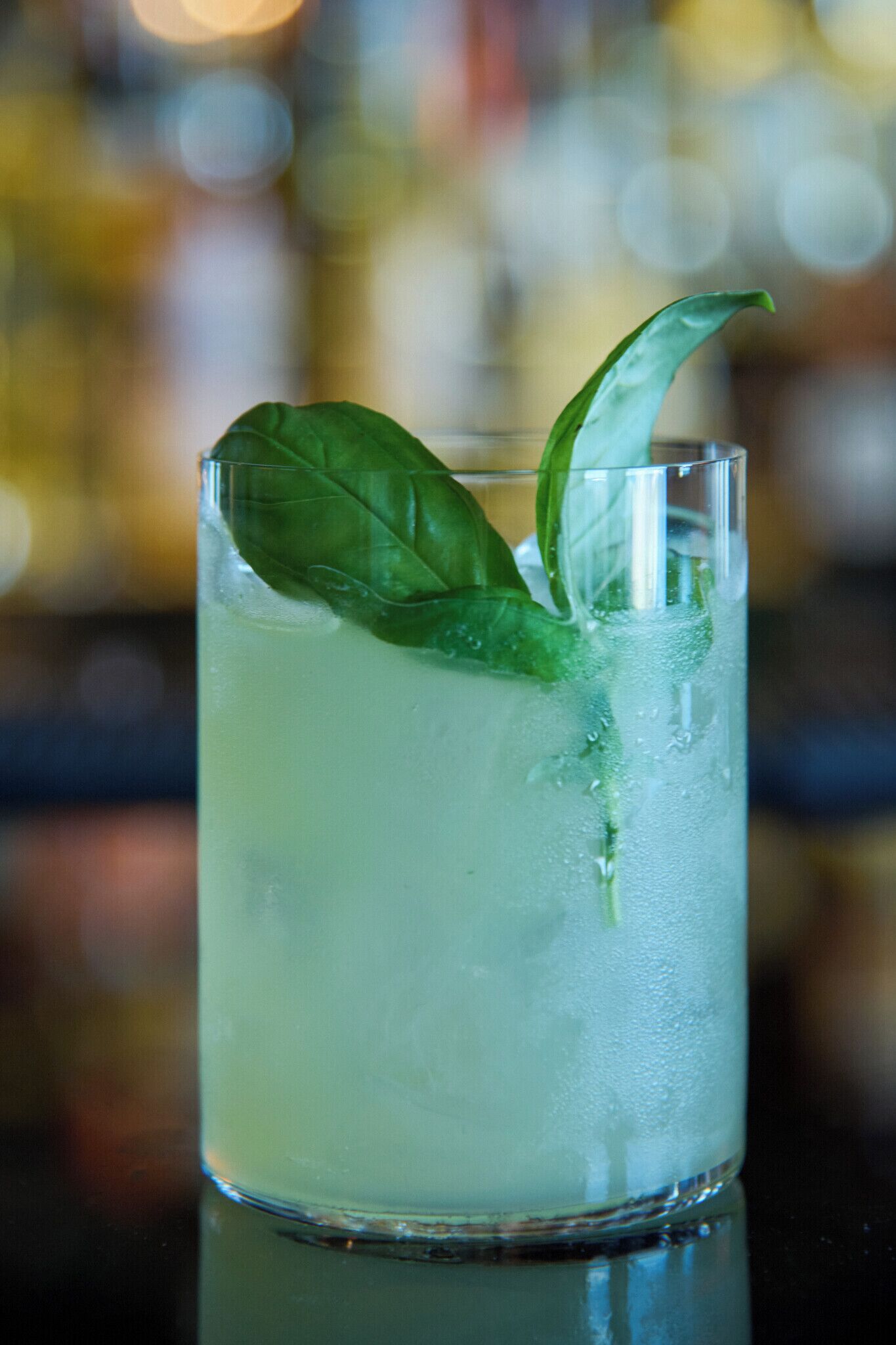 A clear glass with a green leaf garnish, ice cubes, and a beverage.