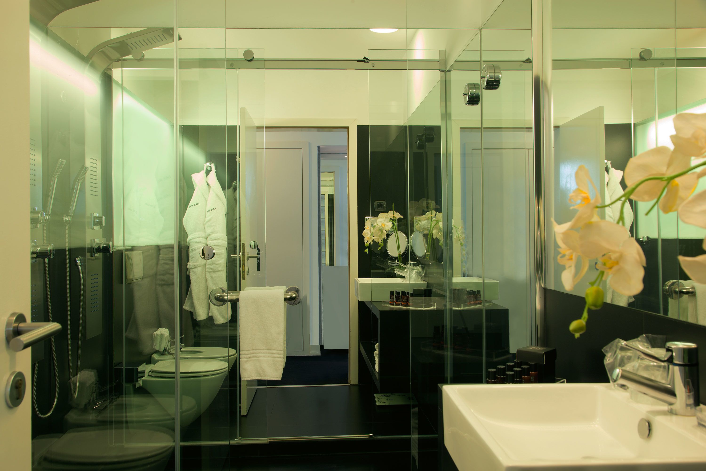 shower, designer toiletries, hair dryer, bathrobes