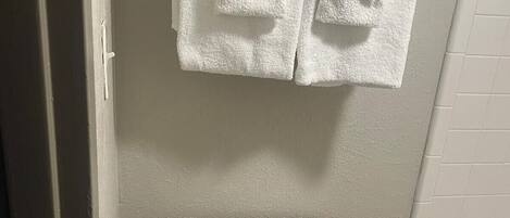 Un baño con inodoro, un perchero con dos toallas y un dispensador de toallas de papel.