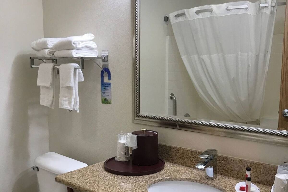 Combined shower/tub, hair dryer, towels