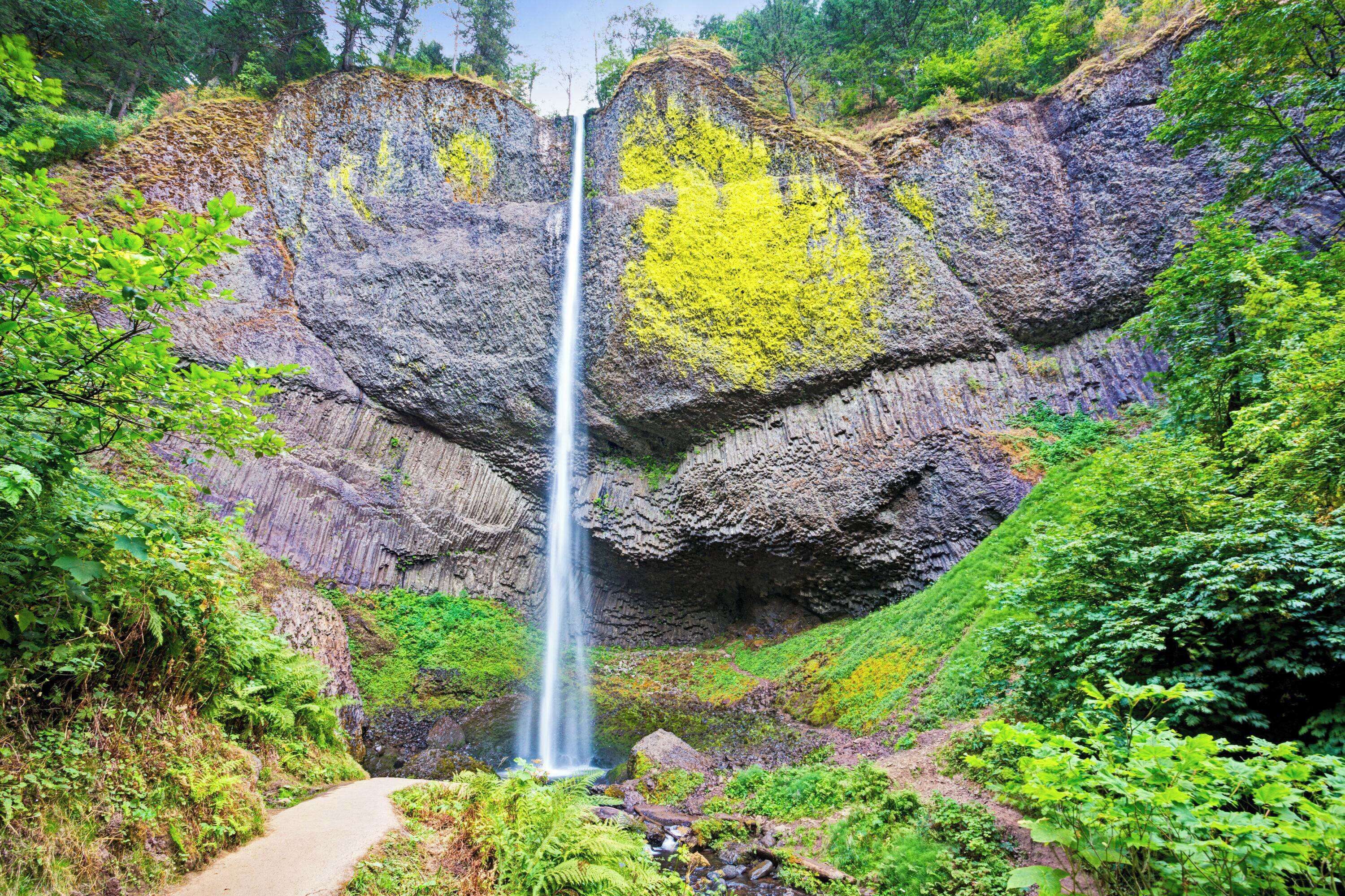 Une cascade se déversant le long d’une falaise rocheuse, entourée d’une végétation luxuriante.