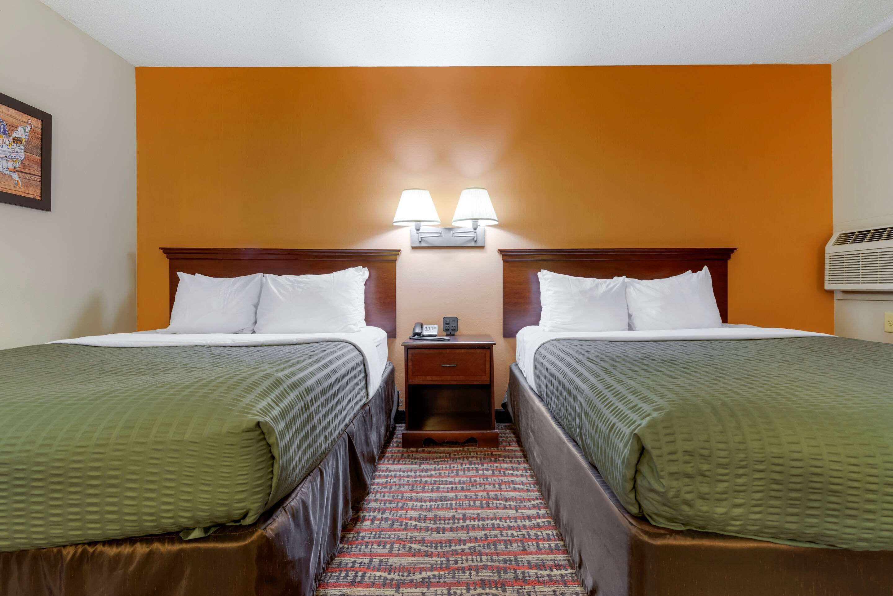 Een hotelkamer met twee bedden, een nachtkastje met een lamp en een kamerbreed tapijt met een patroon.
