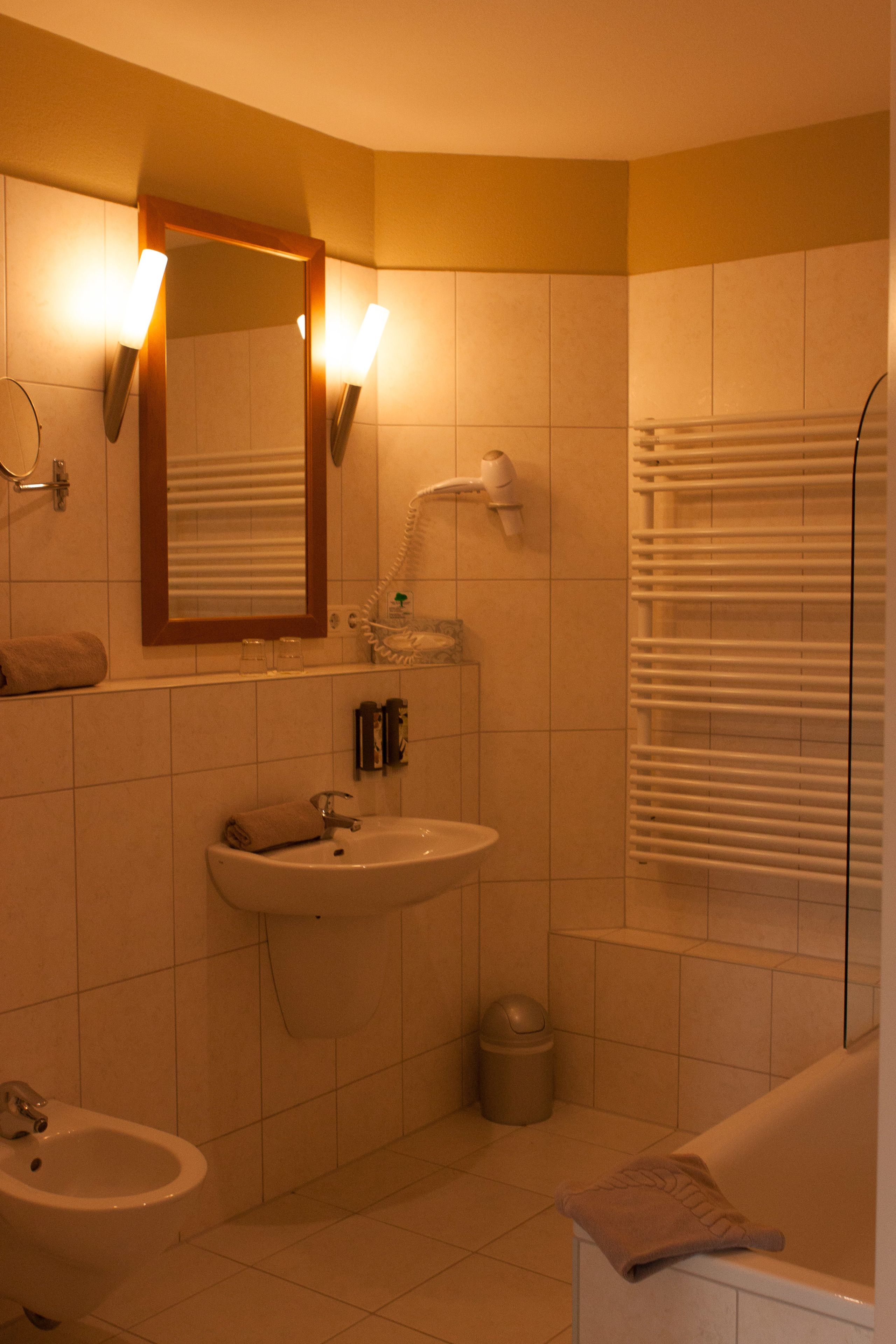 deep-soaking bathtub, free toiletries, hair dryer, bidet