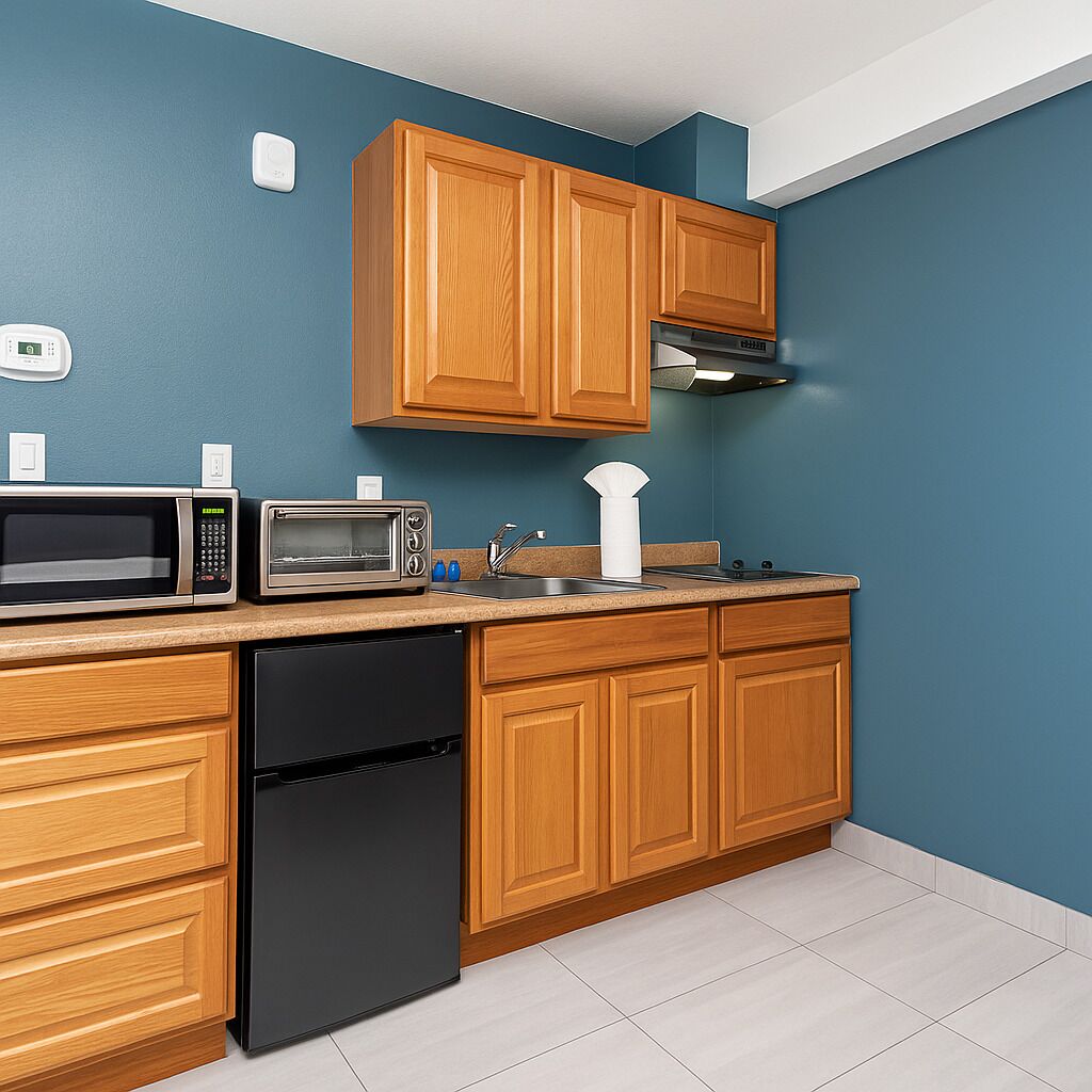 A compact kitchen with wooden cabinets, a microwave, a toaster, a dishwasher, and a sink.