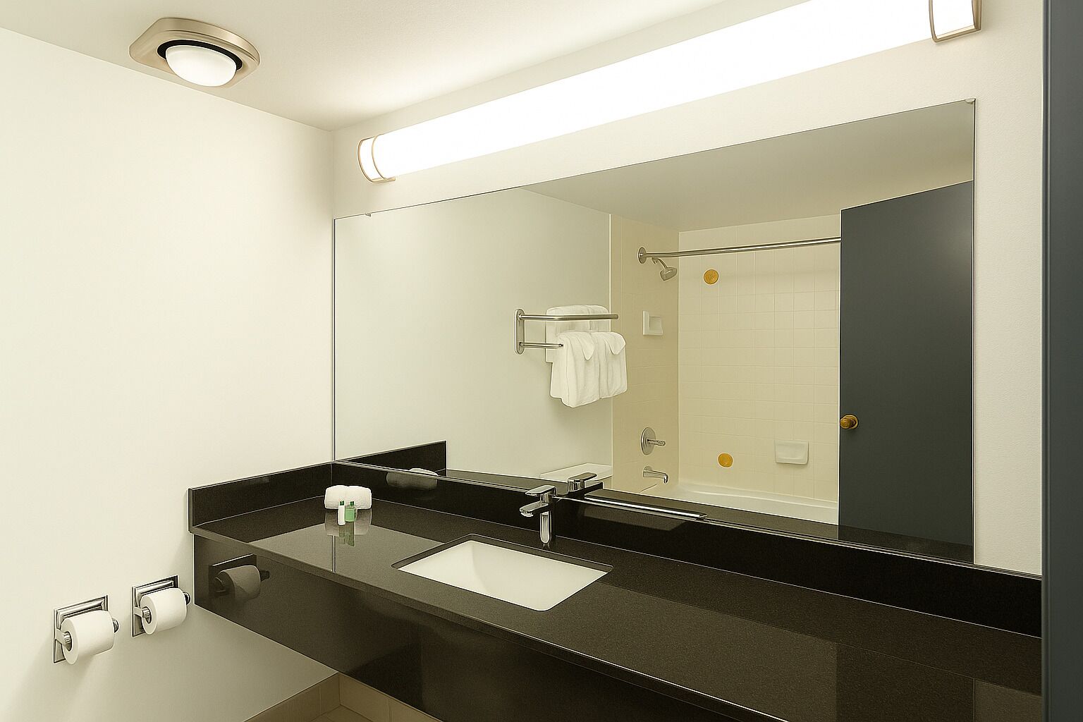 A modern bathroom with a black countertop, a large mirror, a white sink, and a shower area.