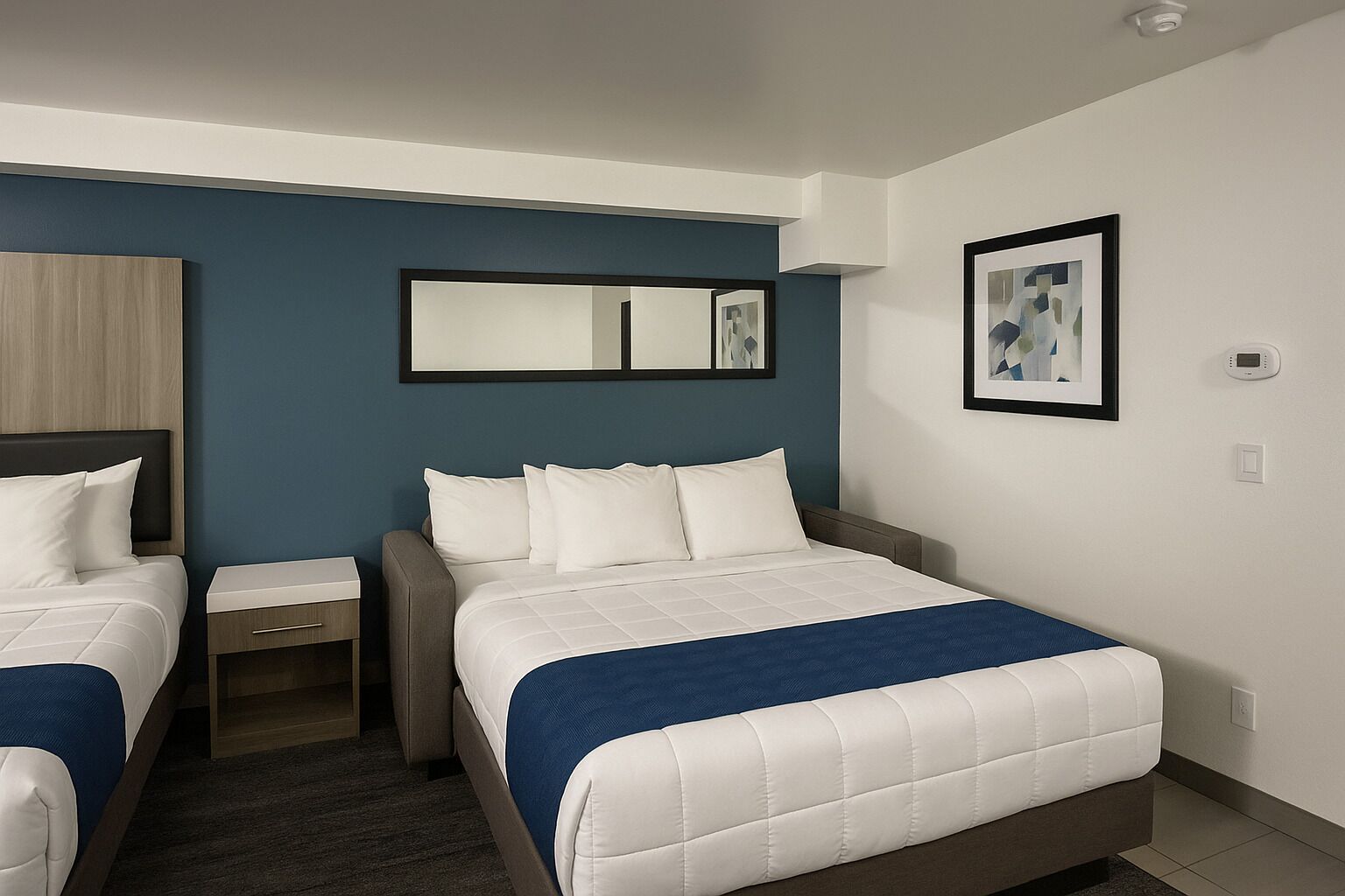 Une chambre d’hôtel comprenant un lit, une table de chevet, une chaise, un bureau et un miroir fixé au mur.