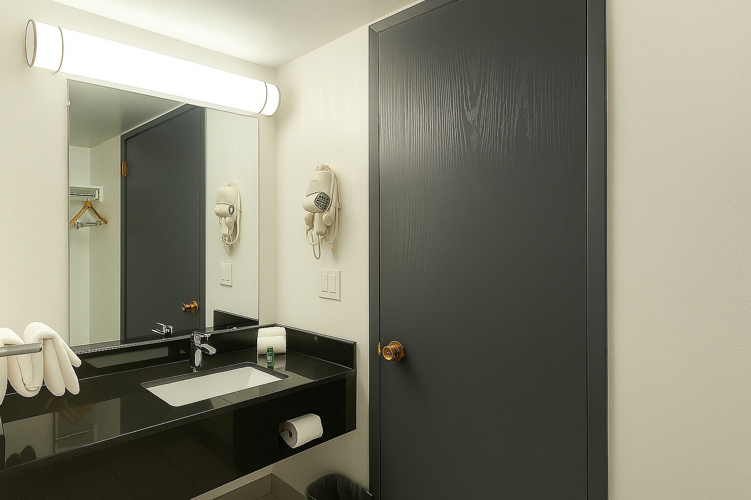 Un baño con un lavamanos negro, un espejo, un perchero y una puerta.