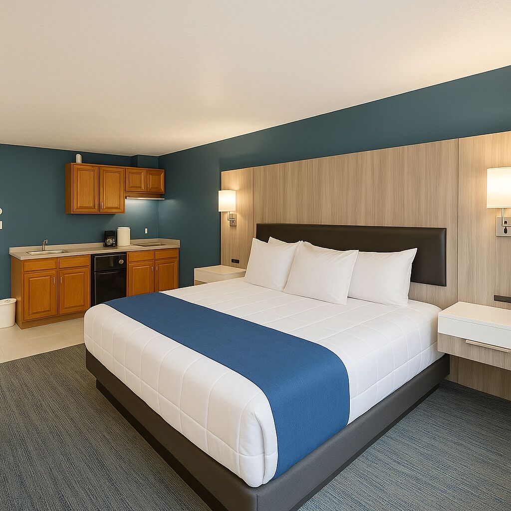 Suite, Kitchenette | Desk, blackout drapes, iron/ironing board, cribs/infant beds