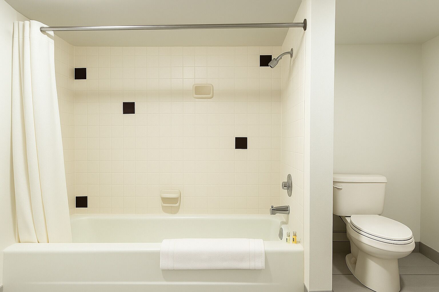 A bathroom with a bathtub, toilet, and a shower curtain.