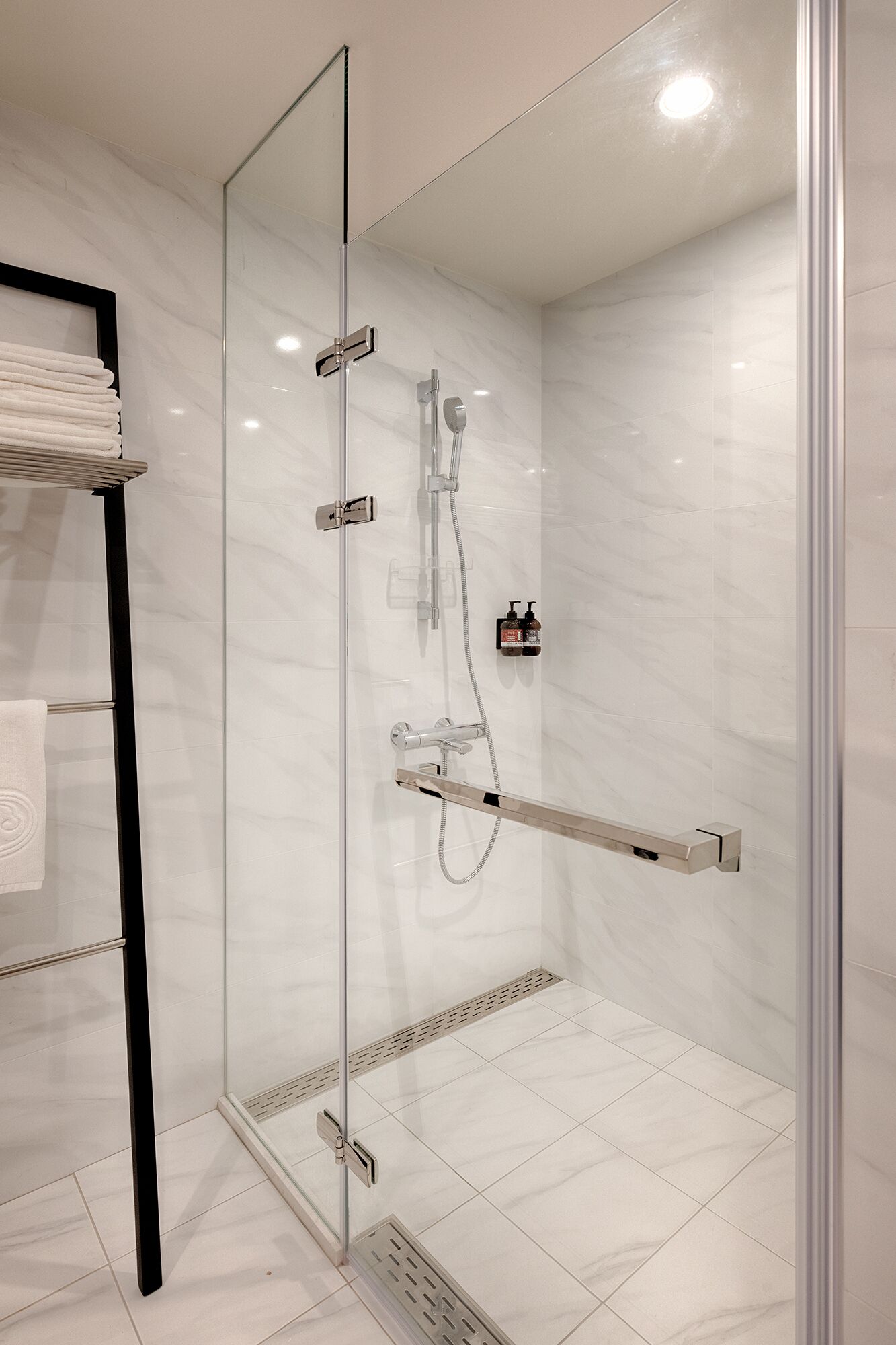 Une douche moderne dotée d’une porte en verre, d’un porte-serviettes et d’un pommeau de douche à main.