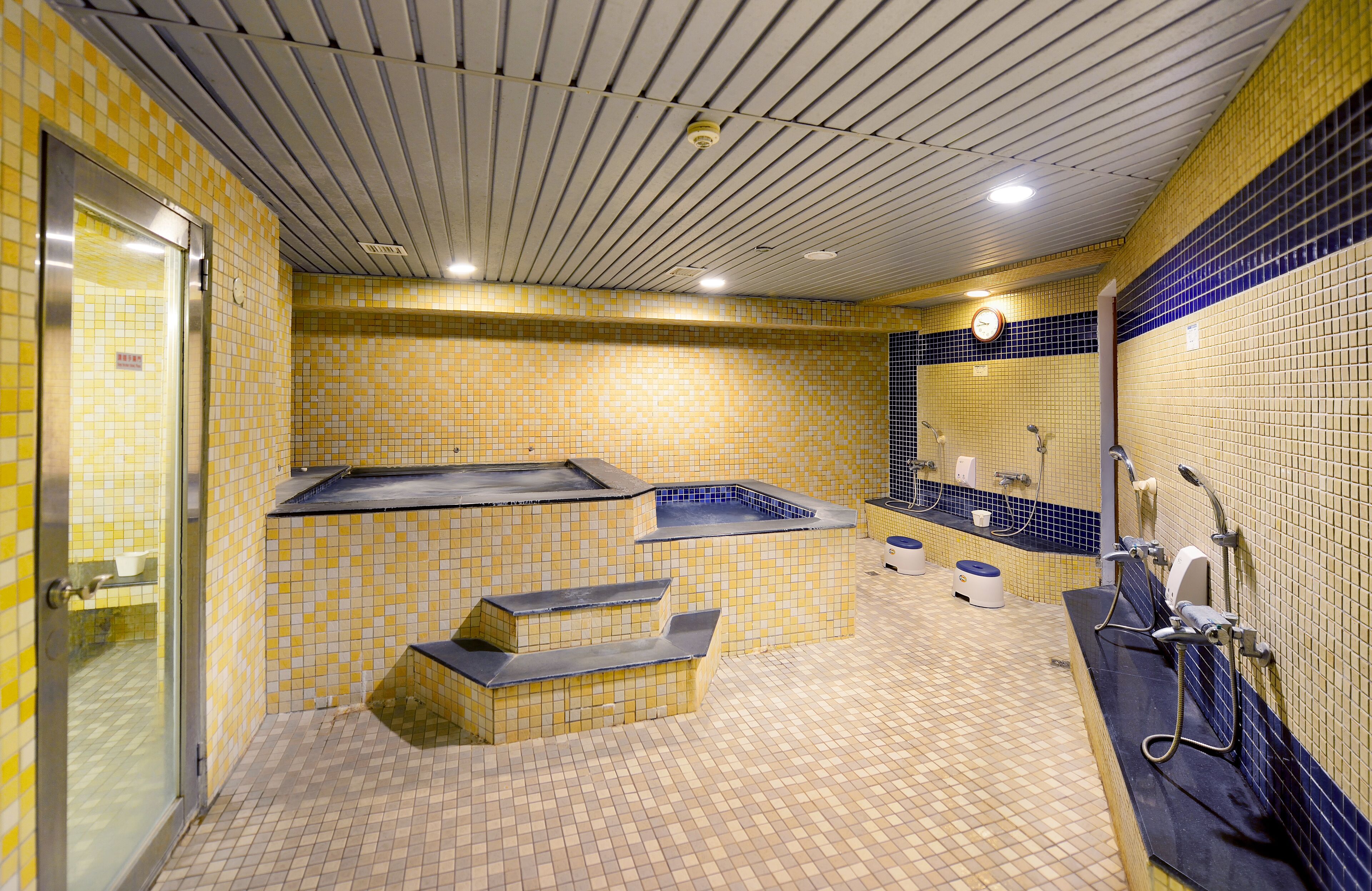 A spa area with a hot tub, a shower, and a sink.