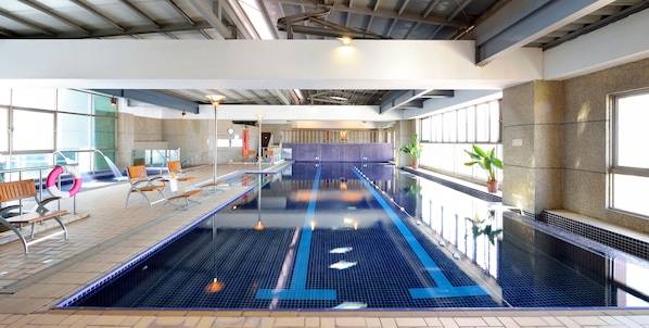 Indoor pool, open 3:00 PM to 9:30 PM, sun loungers