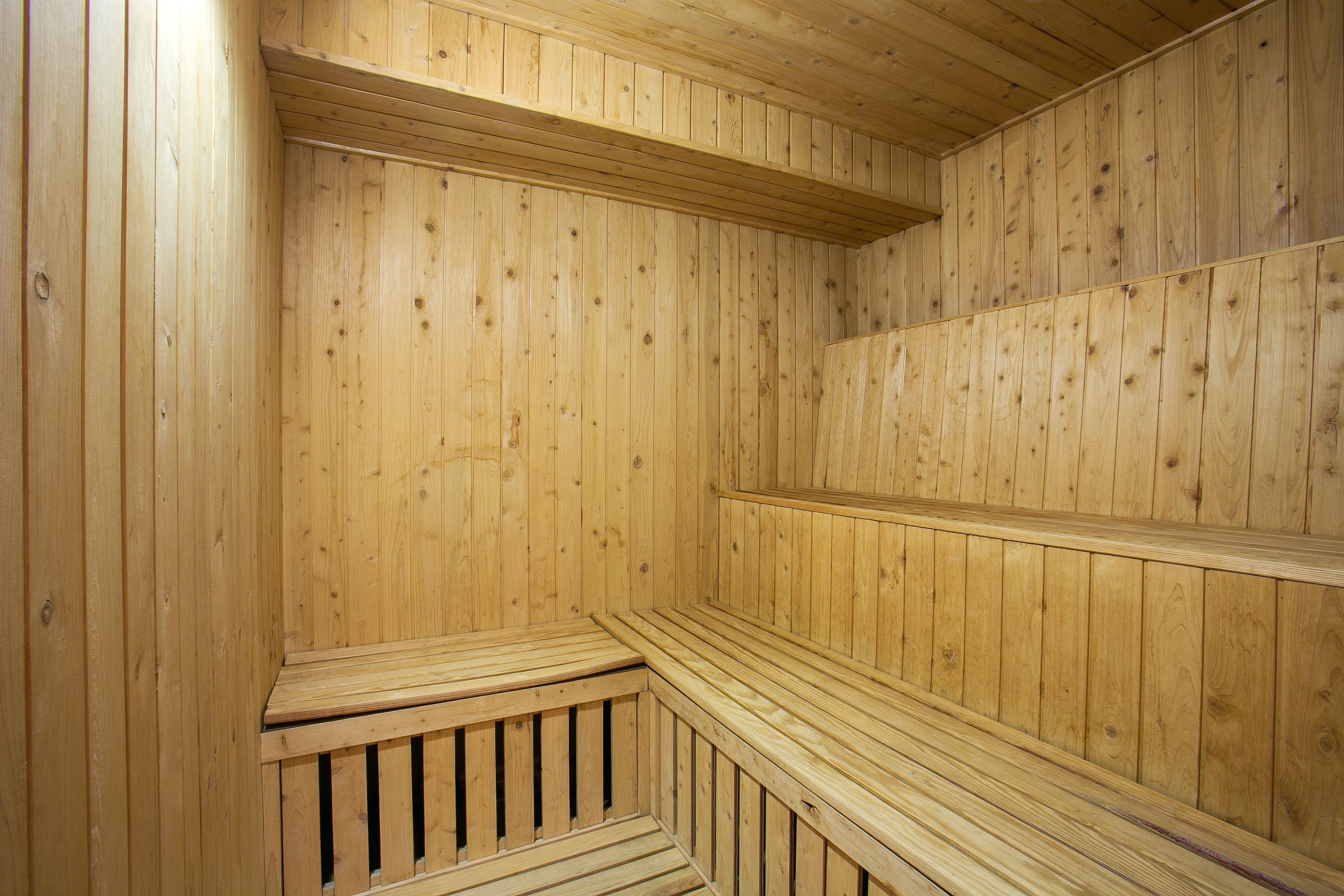 A wooden sauna with benches and a sloped ceiling.