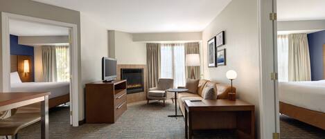 Desk, laptop workspace, blackout curtains, iron/ironing board