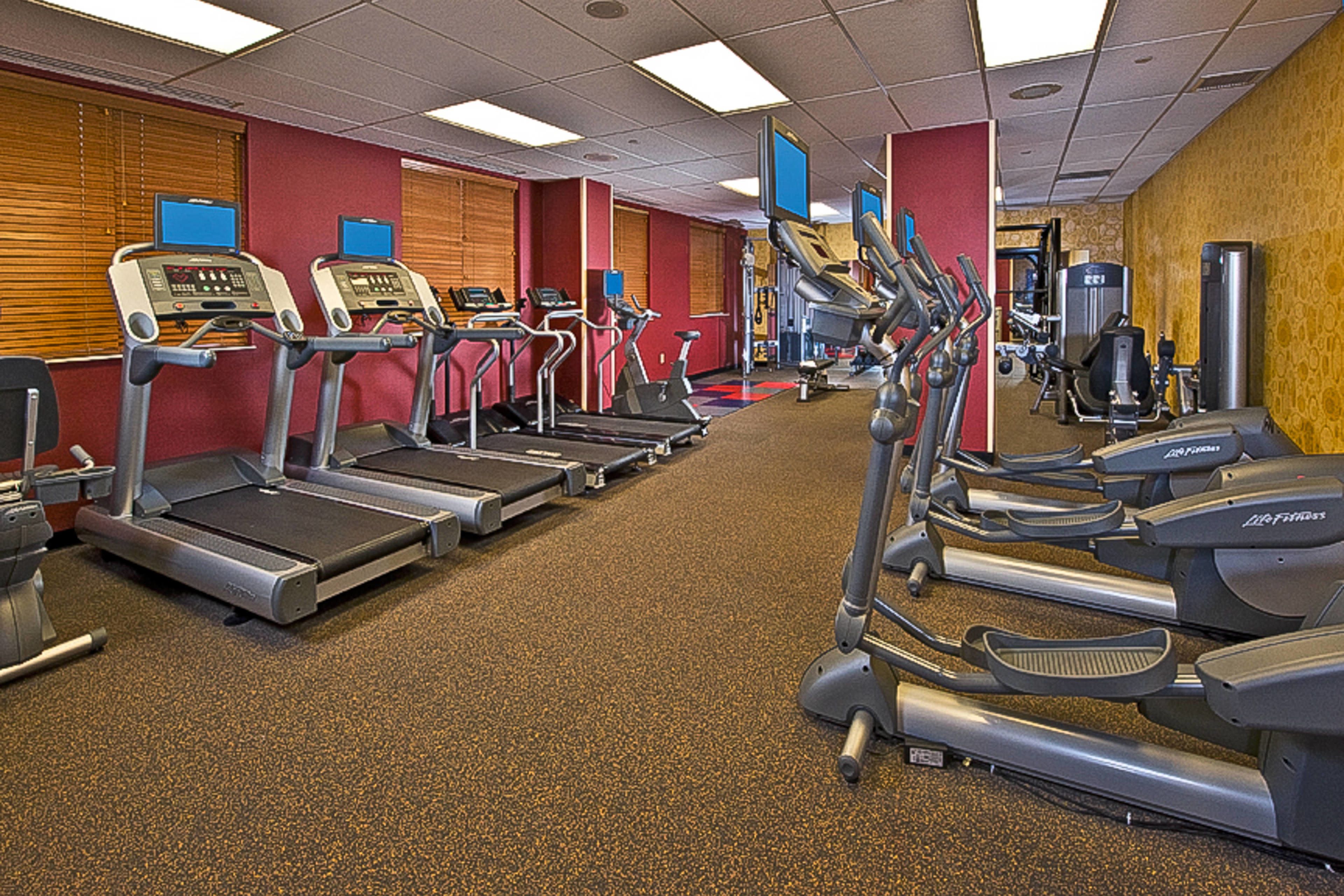 A gym with treadmills, ellipticals, and weight machines.