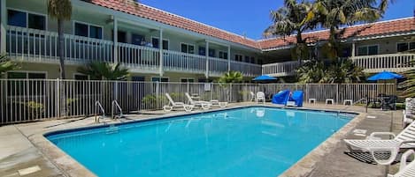 Una piscina con sillones de playa y sombrillas, rodeada por un edificio con balcones y palmeras.