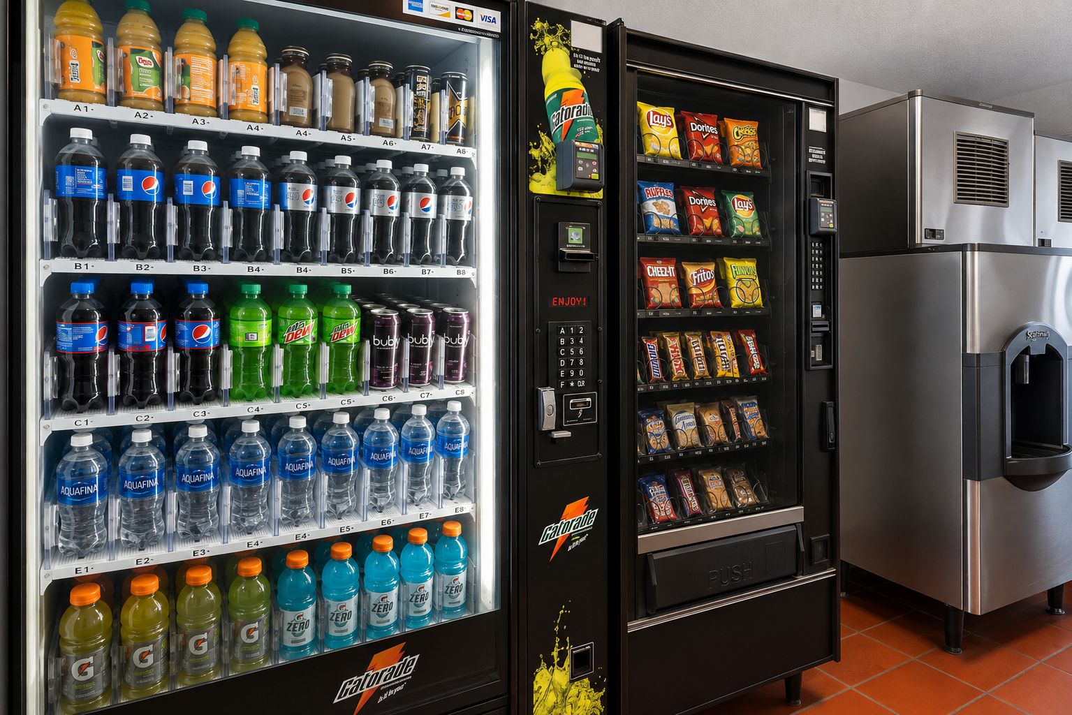 Máquina automática com diversas opções de bebidas e lanches.